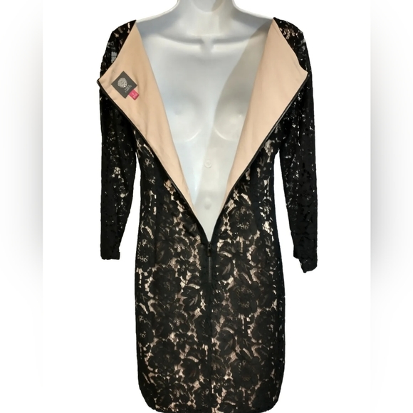 Vince Camuto Black Floral Lace Overlay Lined  Nude Sheath Dress Size 6 - Picture 7 of 9